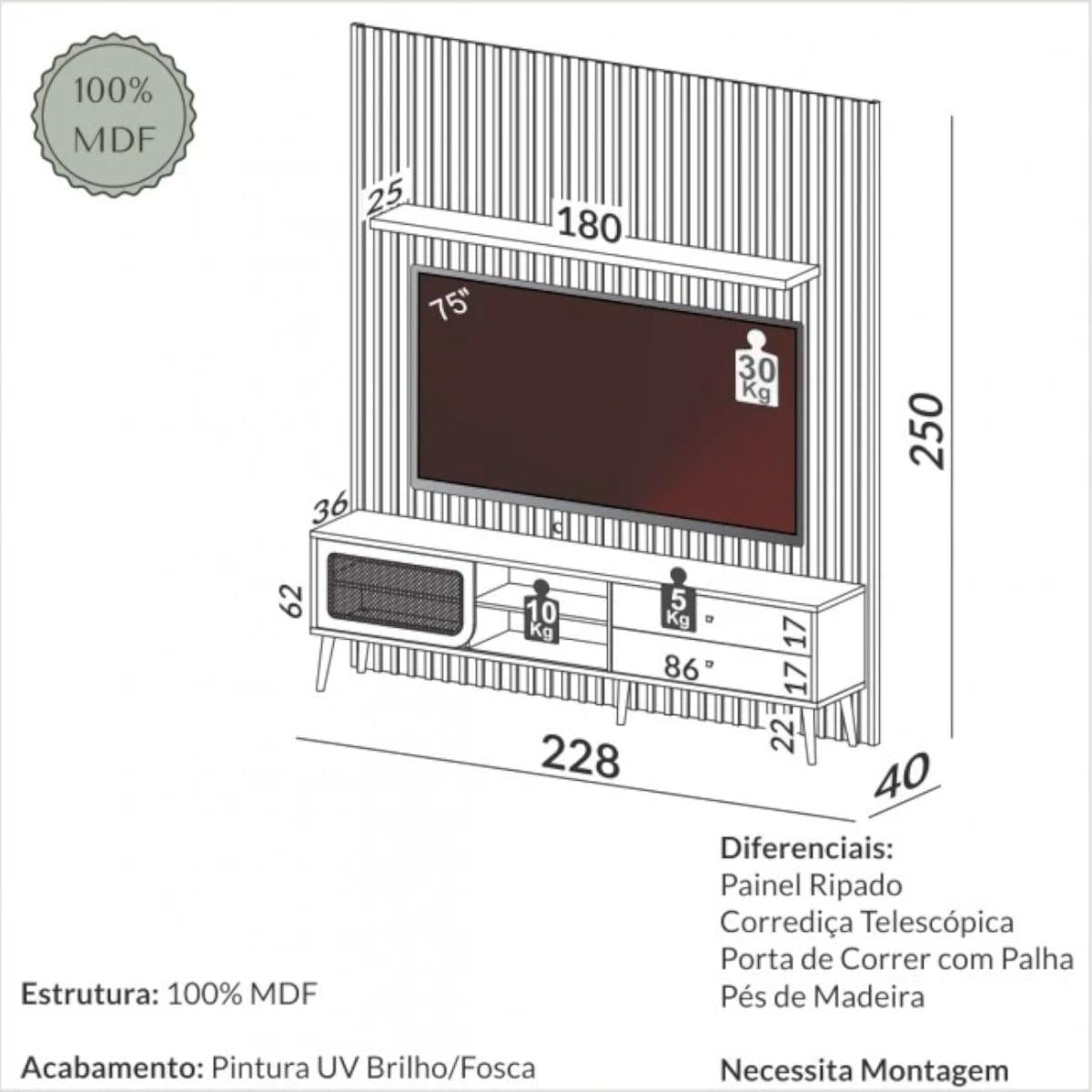 Rack com Painel para TV Até 75 Polegadas 2 Gavetas 1 Porta Ripado Freijó