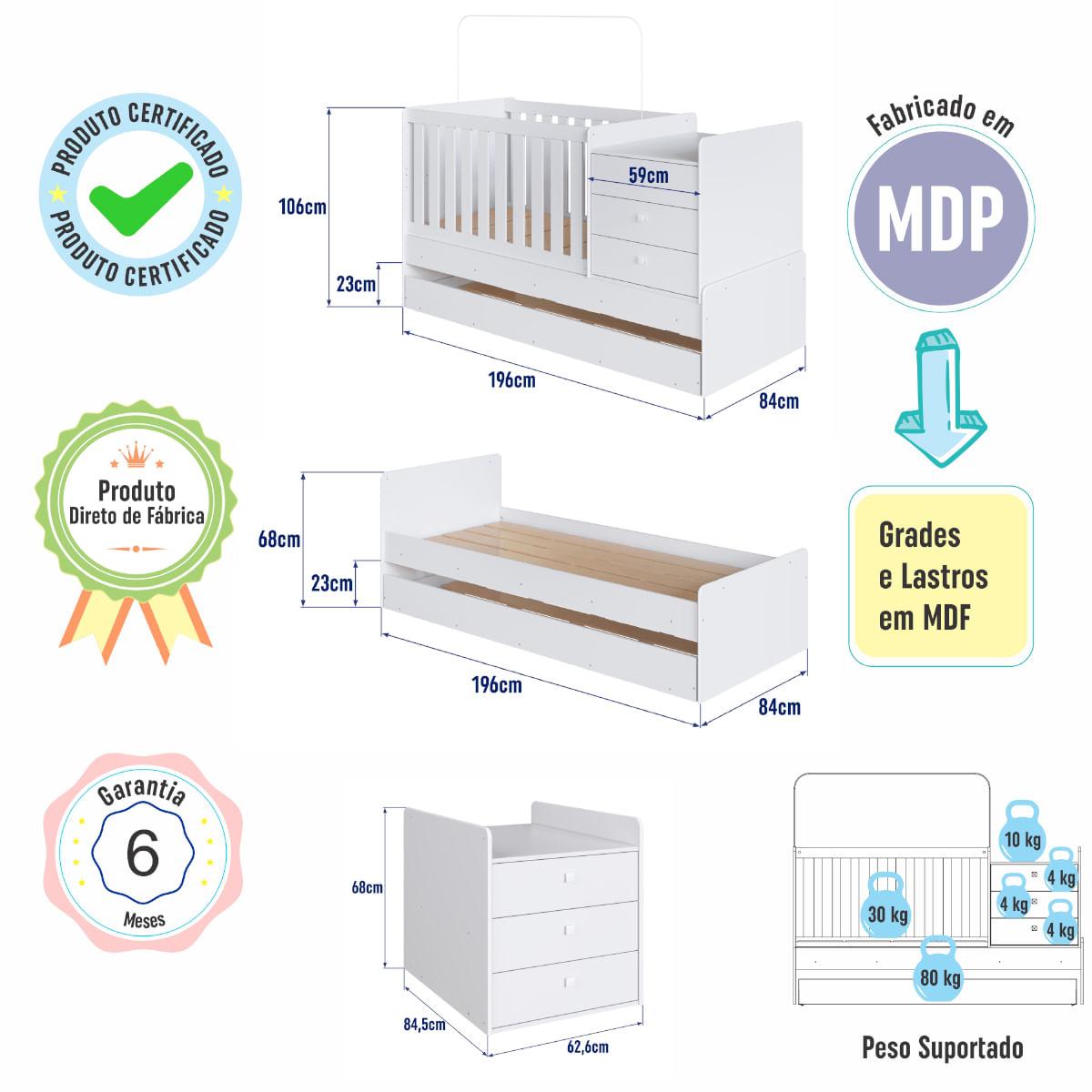 Berço Cama com Cômoda e Cama Auxiliar Branco Completa Móveis