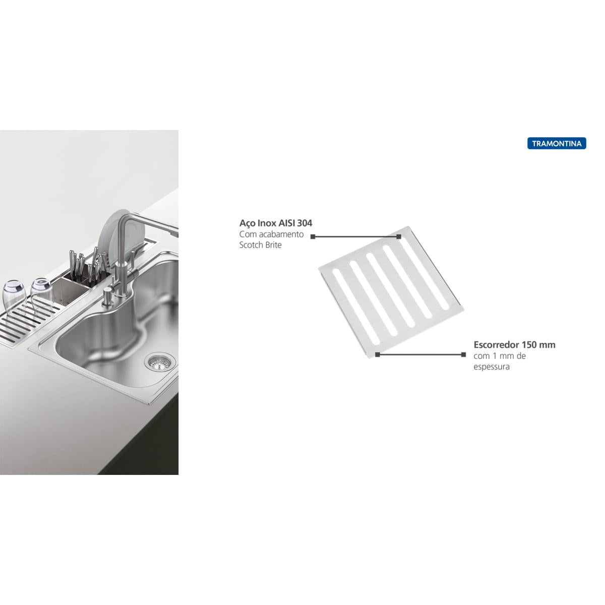 Escorredor Tramontina em Aço Inox Scotch Brite para Sobrepor no Canal Organizador 15x15 cm
