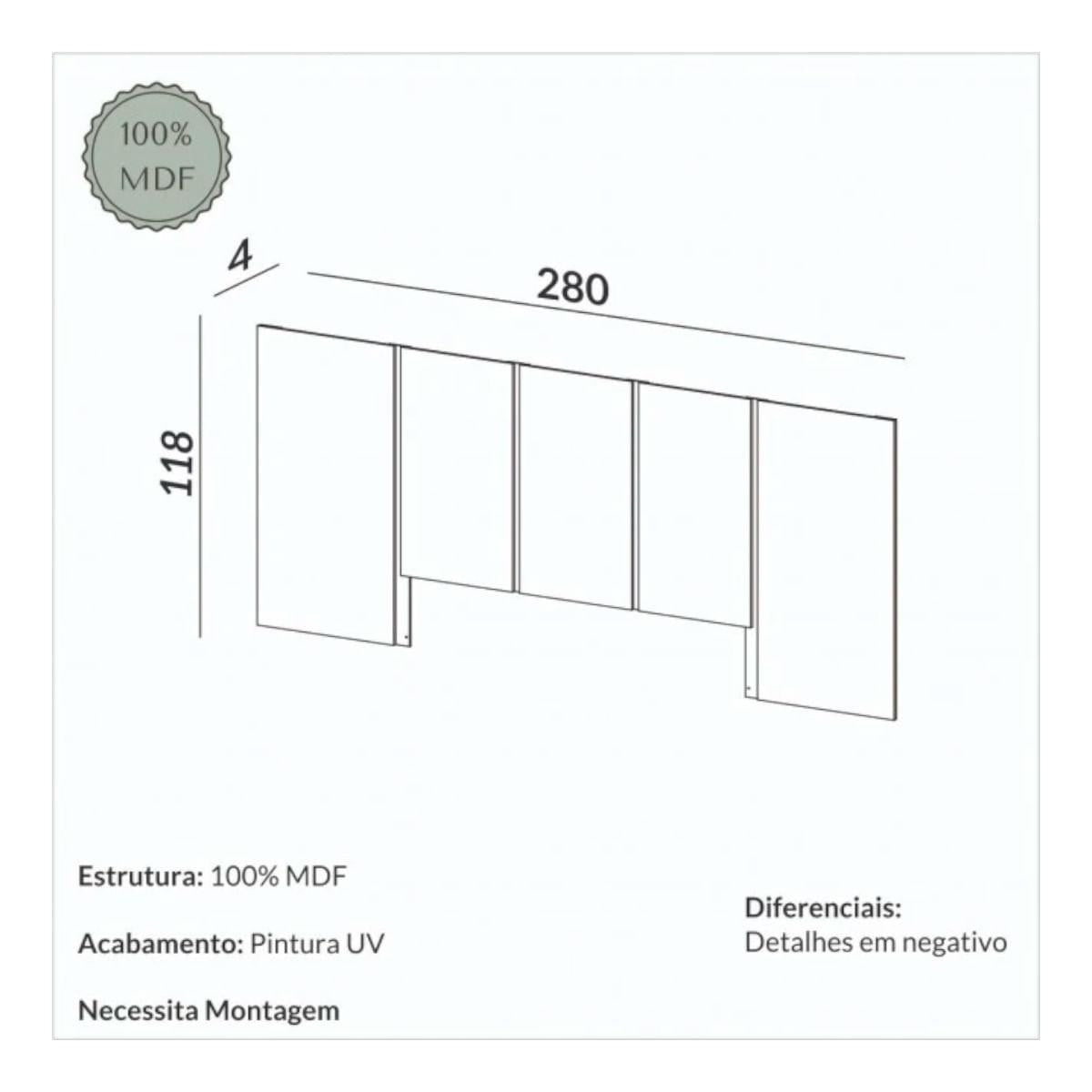 Cabeceira Queen em MDF 280 x 118 cm Lisa Off White Dalla Costa