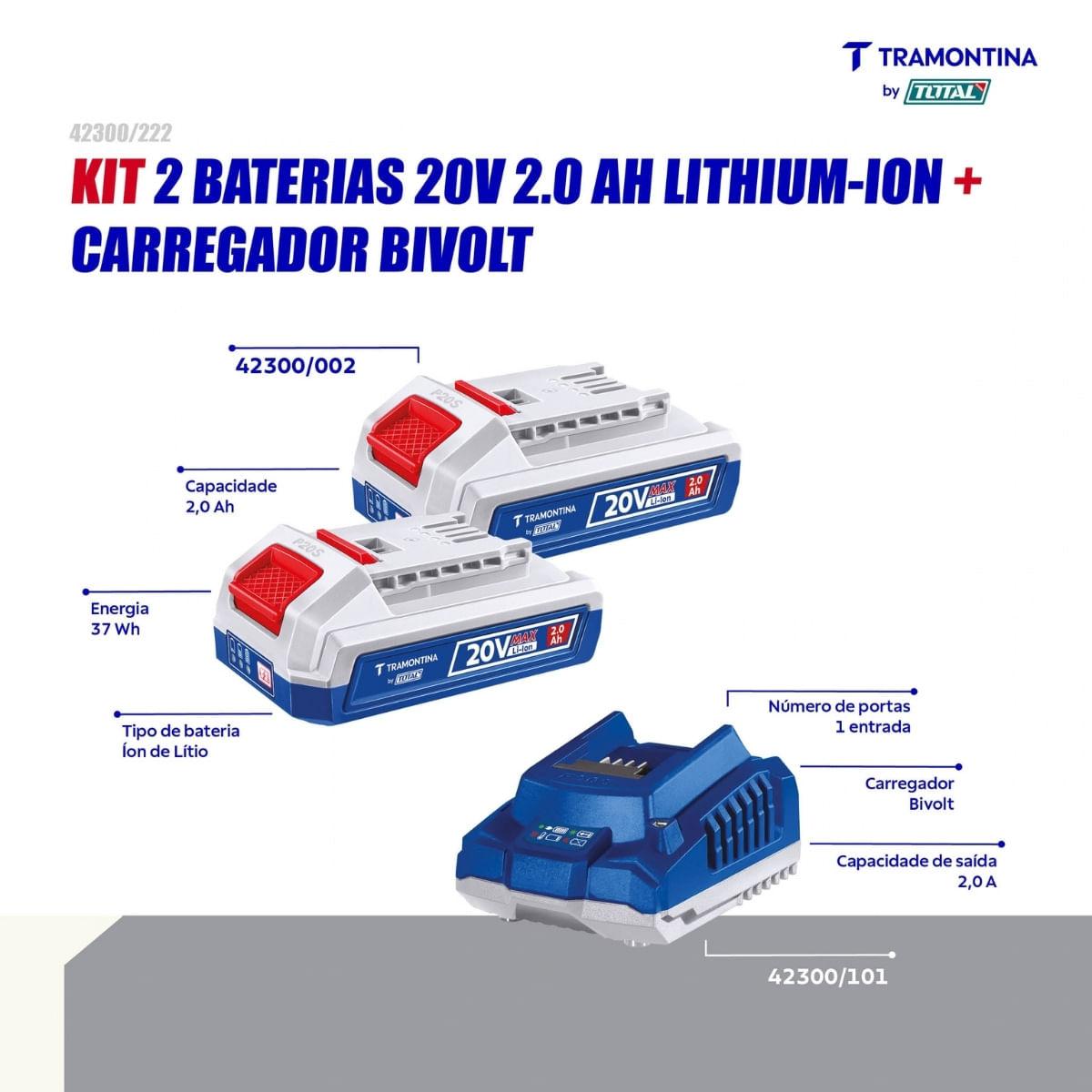 Kit 2 Baterias 20V 2,0Ah + Carregador 2,0A Tramontina by Total