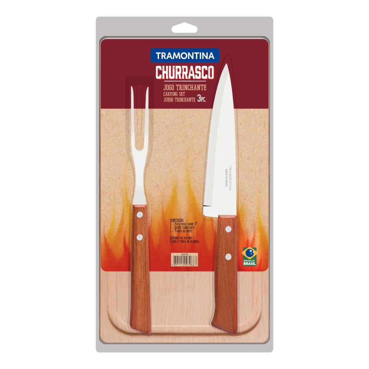 Jogo Trinchante Churrasco Tramontina Aço Inox e Cabos de Madeira Natural 3 Peças