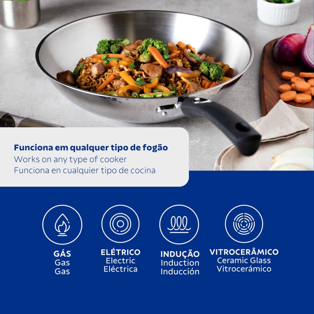 Wok Tramontina Astro Silicone 28cm 3,3L em Aço Inox Fundo Triplo Indução