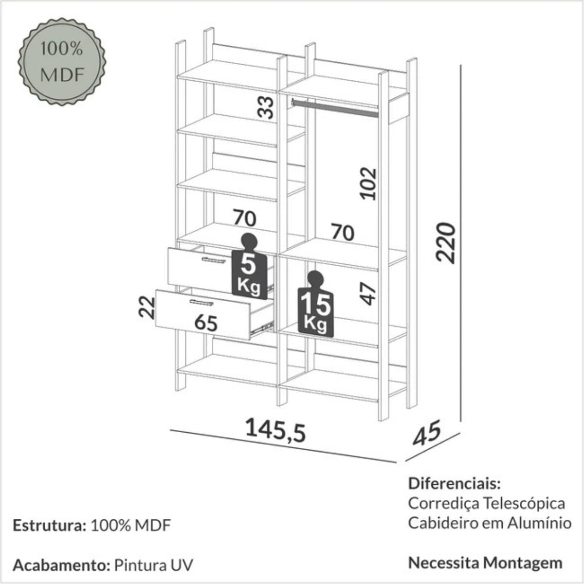 Closet Industrial 2 Torres 2 Gavetas 145x45x220cm Off White Freijó Dalla Costa