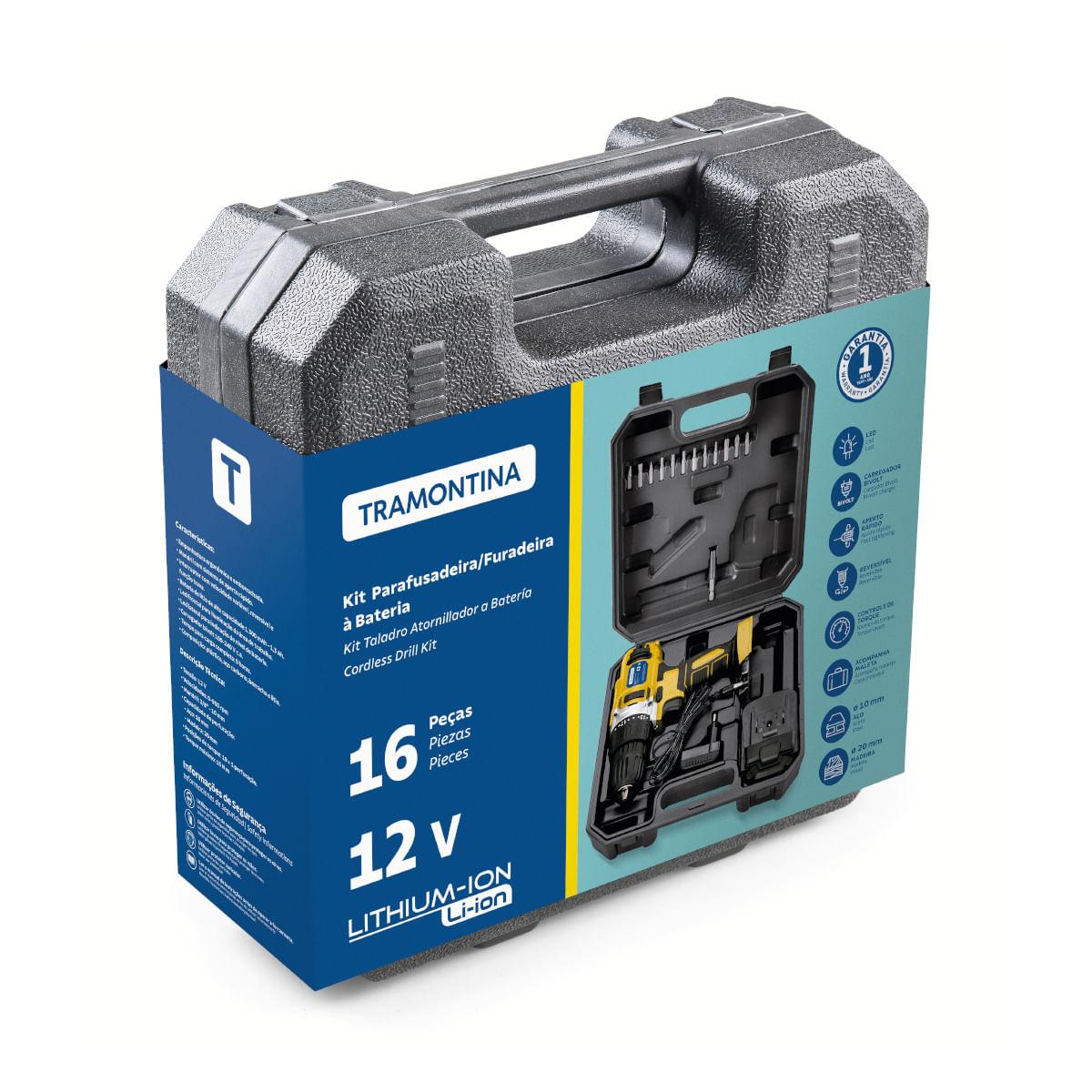 Parafusadeira/Furadeira 12V Tramontina à Bateria 16 Peças com Carregador Bivolt e Maleta