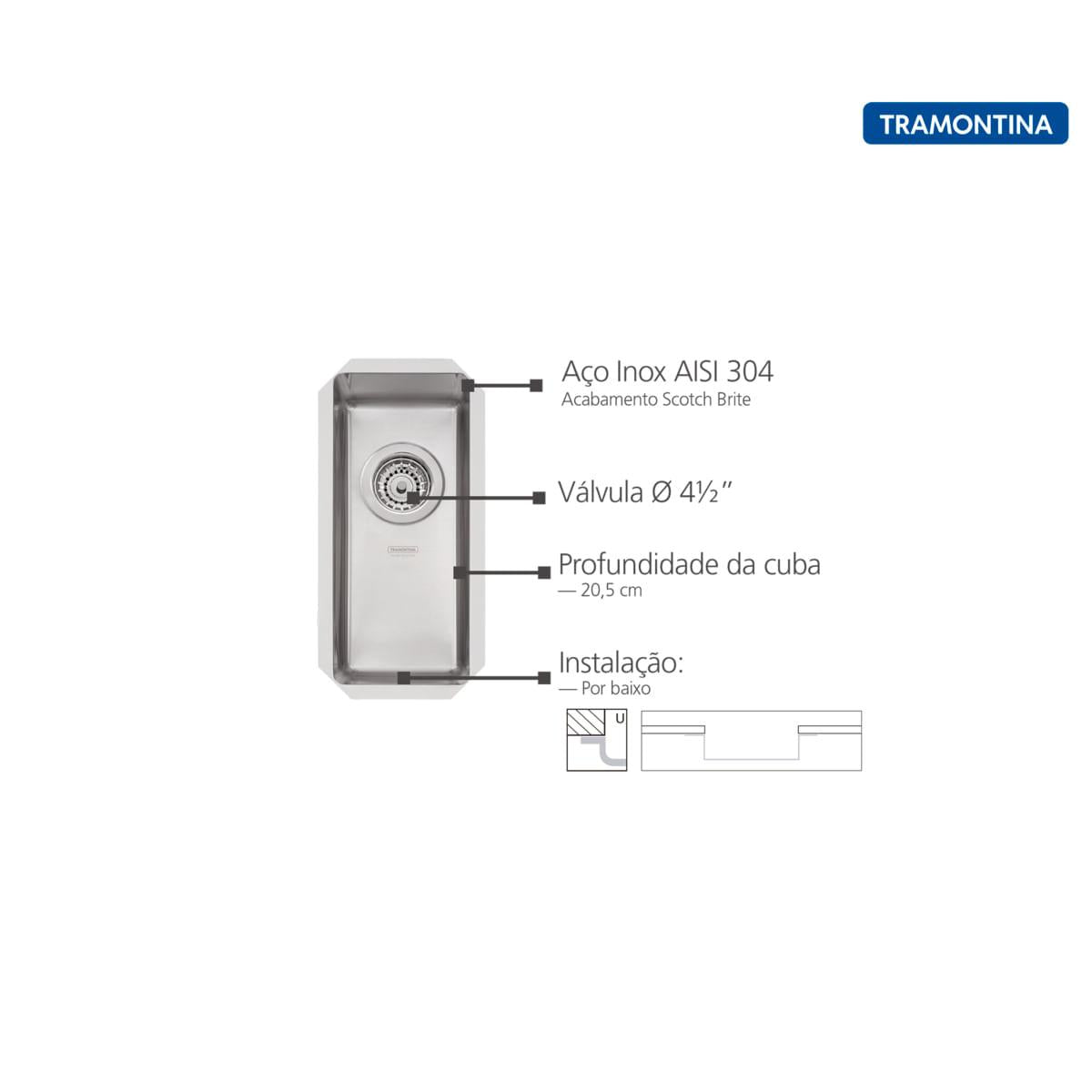 Cuba Quadrum 17 Plus U Undermount Tramontina 17 x 40 x 14 cm em Aço Inox Scotch Brite com Válvula