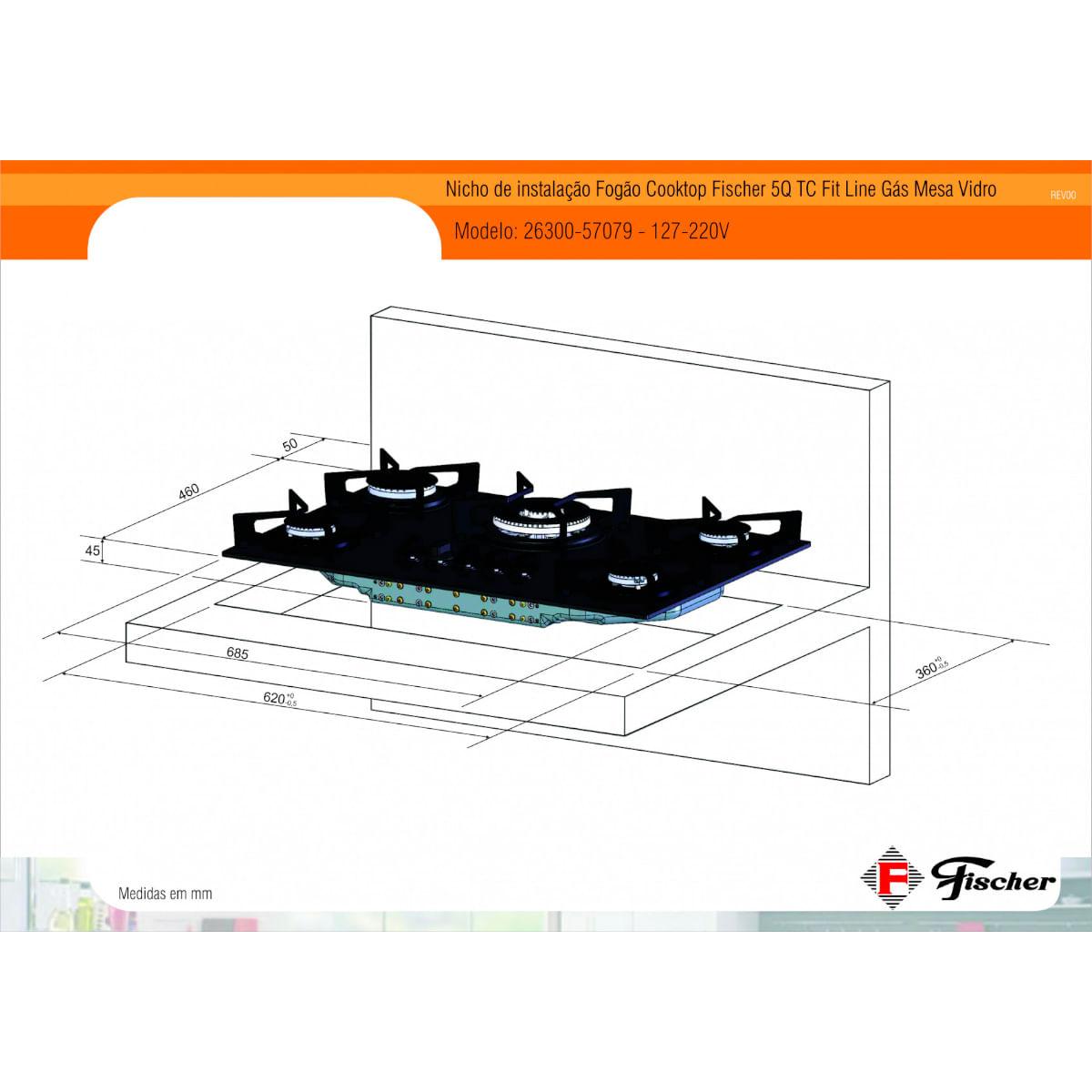 Fogão Cooktop Fischer 5Q Tripla Chama Fit Line Gás Mesa Vidro