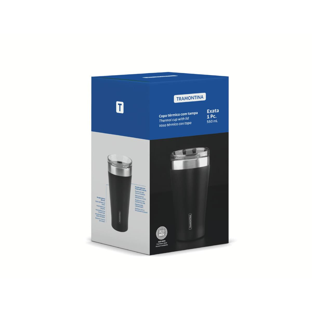 Copo Térmico Tramontina Exata em Aço Inox Preto com Tampa 550 ml