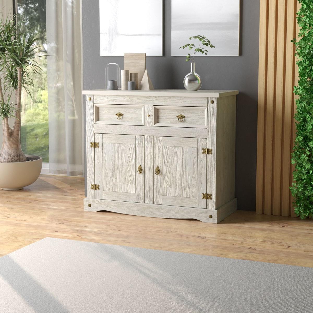 Aparador Buffet em Madeira 2 Portas 2 Gavetas 104 cm Patina Branca Elliottiis