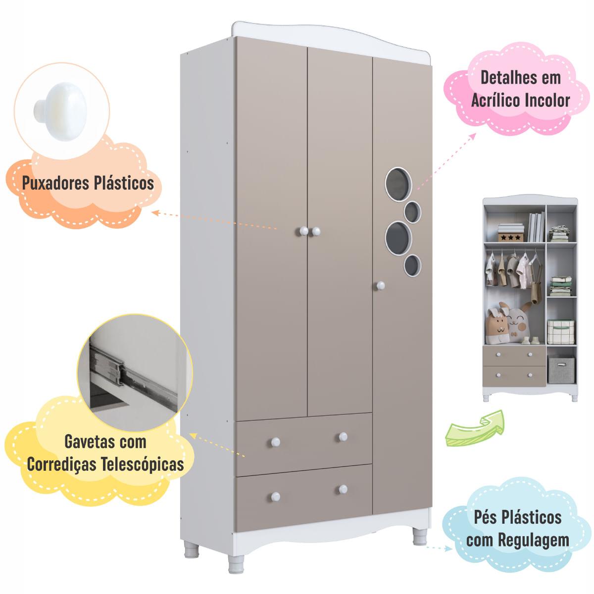 Guarda Roupas Infantil 3 Portas e 2 Gavetas 91x40x198 cm Branco e Cinnamon Completa Móveis