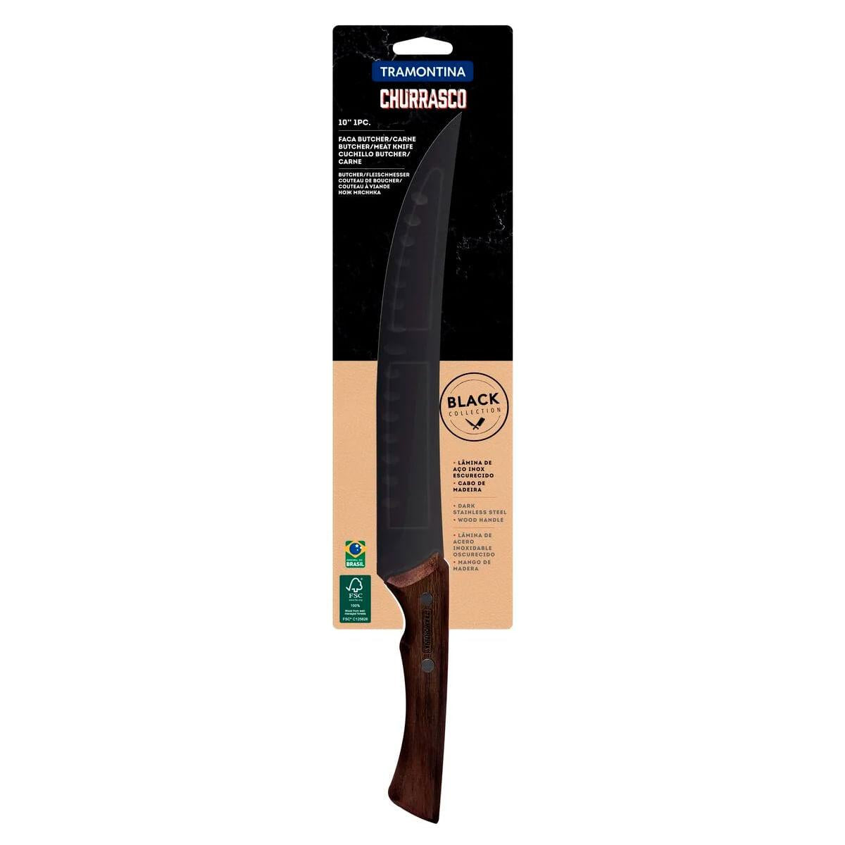 Faca para Carne Tramontina Churrasco Black em Aço Inox Escurecido e Cabo de Madeira 10"