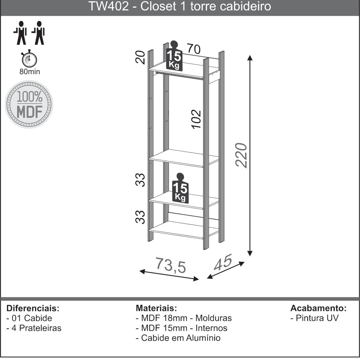 Closet em MDF Freijó com Preto Fosco 73 x 220 cm 4 Prateleiras 1 Cabideiro tw402 Dalla Costa
