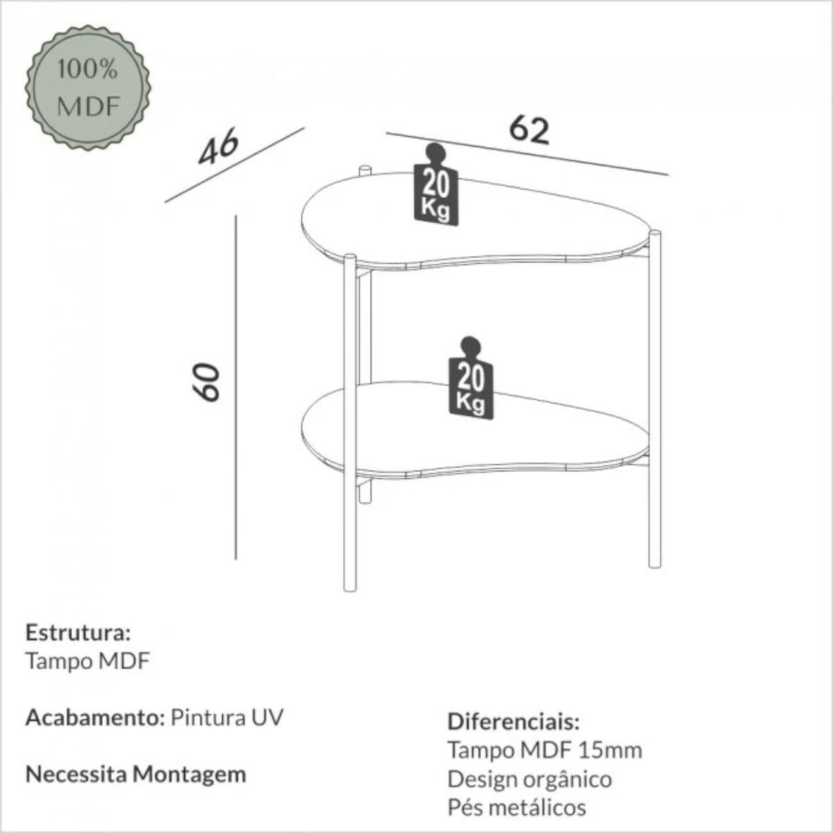 Mesa de Canto Florença em MDF Pés Metálicos 60x62x46 cm Freijó Gold Dalla Costa