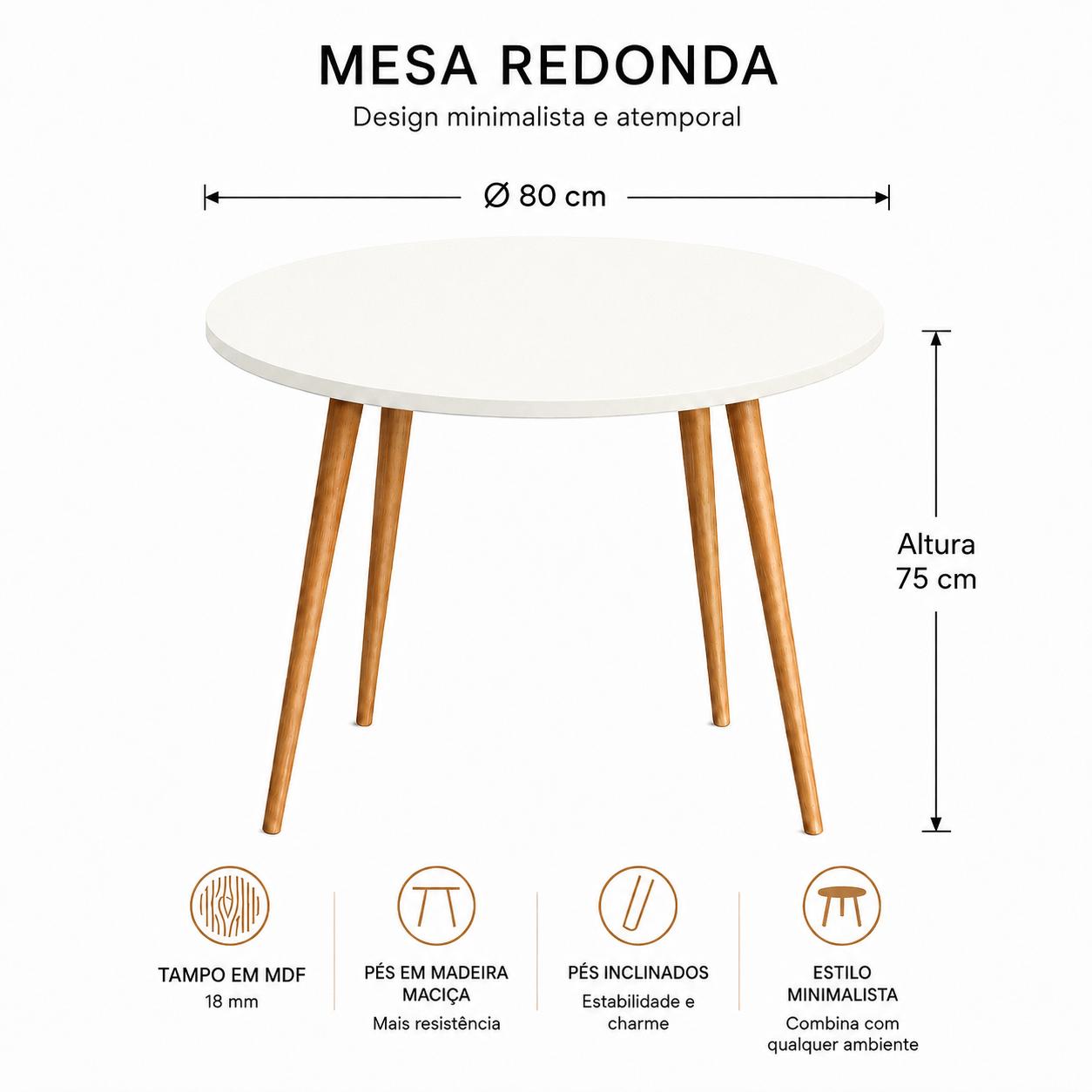Mesa Jantar Sofia Redonda 80cm Branco Plus 18mm Pés de Madeira Natural Marin