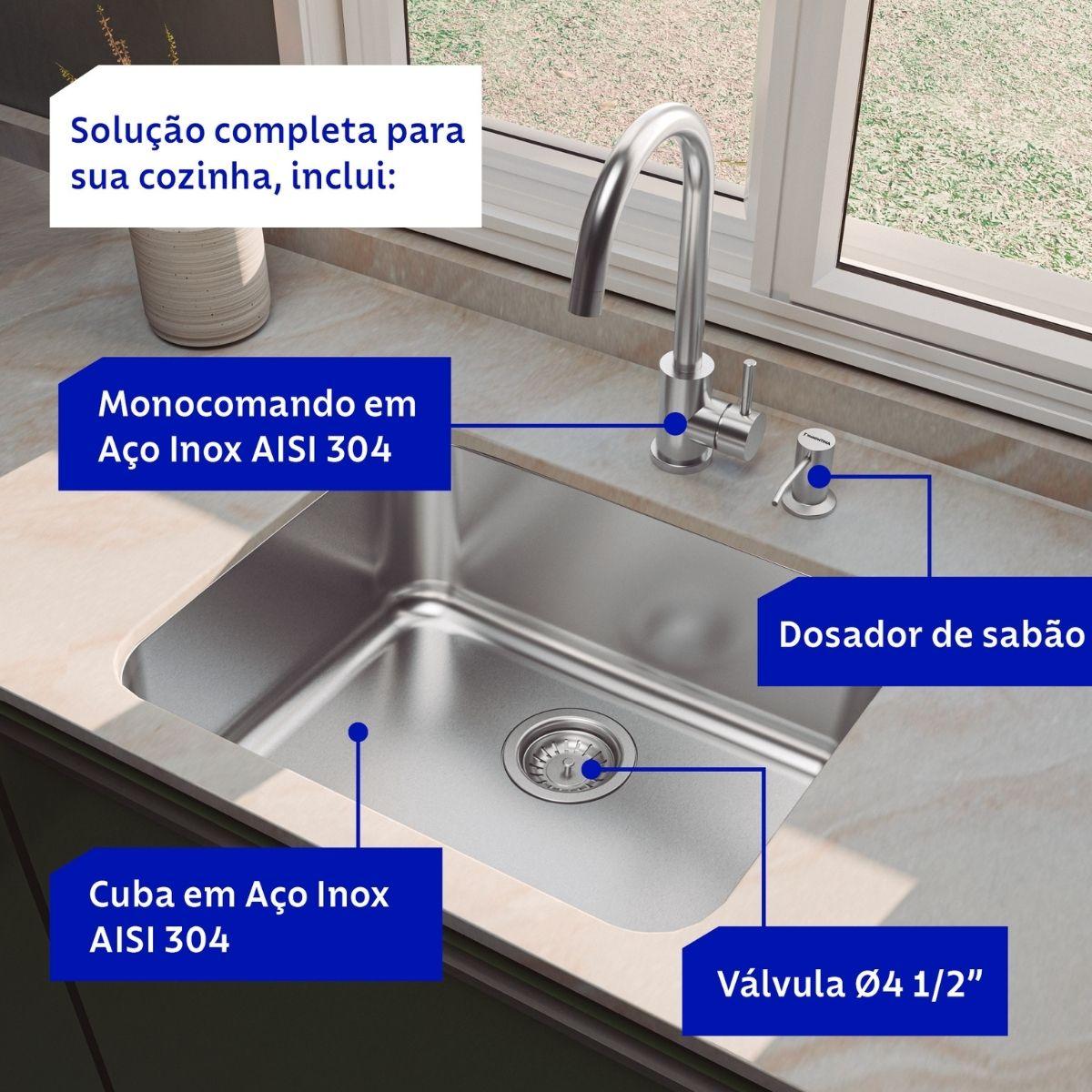 Cuba de Embutir Tramontina 50x40cm Dora 50 BL R6 Inox com Monocomando e Dosador