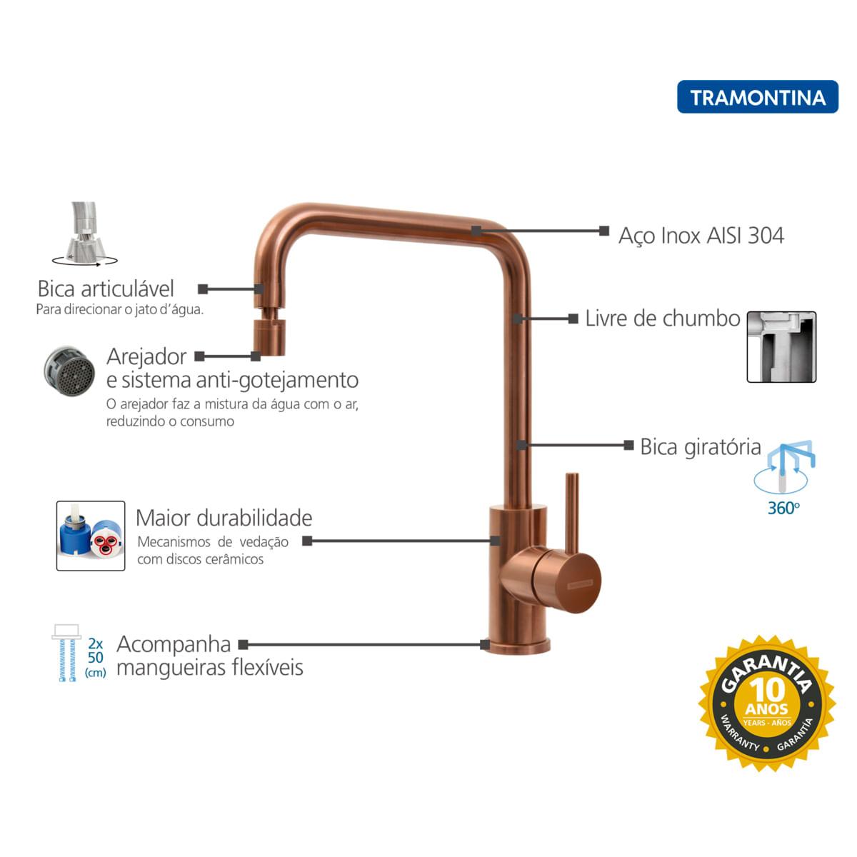Misturador Monocomando Tramontina Angolare em Aço Inox Rose Gold com Bica Articulada com revestimento PVD