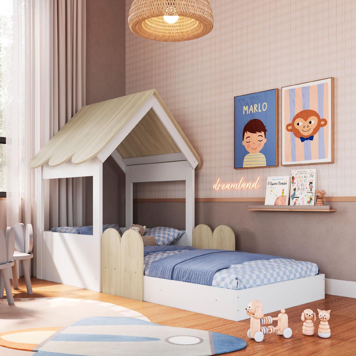 Cama Infantil Montessoriana Casinha Branca e Carvalho Completa Móveis