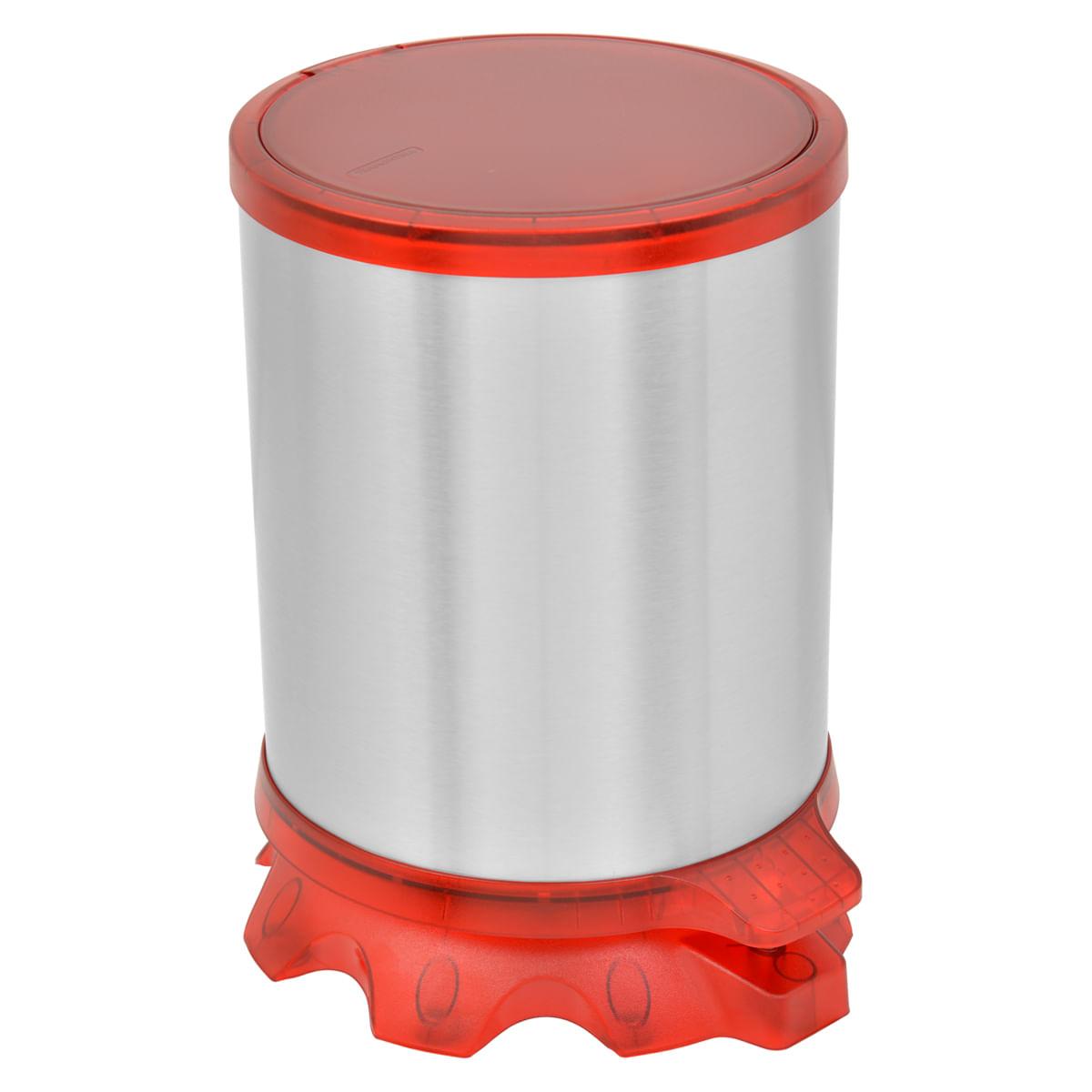 Lixeira Inox Tramontina Sofie Inox Scotch Brite e Detalhes em Plástico Translúcido Vermelho com Pedal 5 L