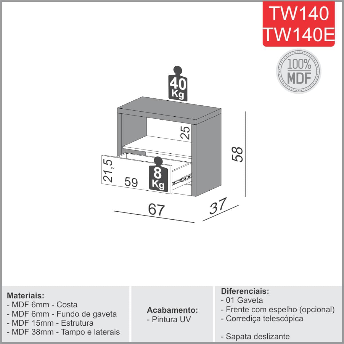 Mesa de Cabeceira em MDF 67 cm com 1 Gaveta TW140 Freijó/Off White Dalla Costa