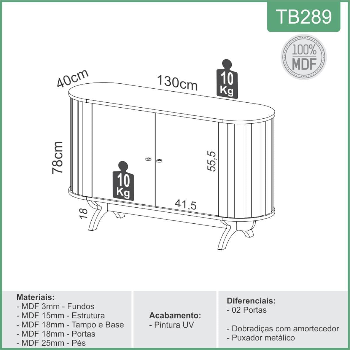 Balcão Buffet Curvo em MDF 2 Portas Freijó/Preto Fosco 130 cm TB289 Dalla Costa