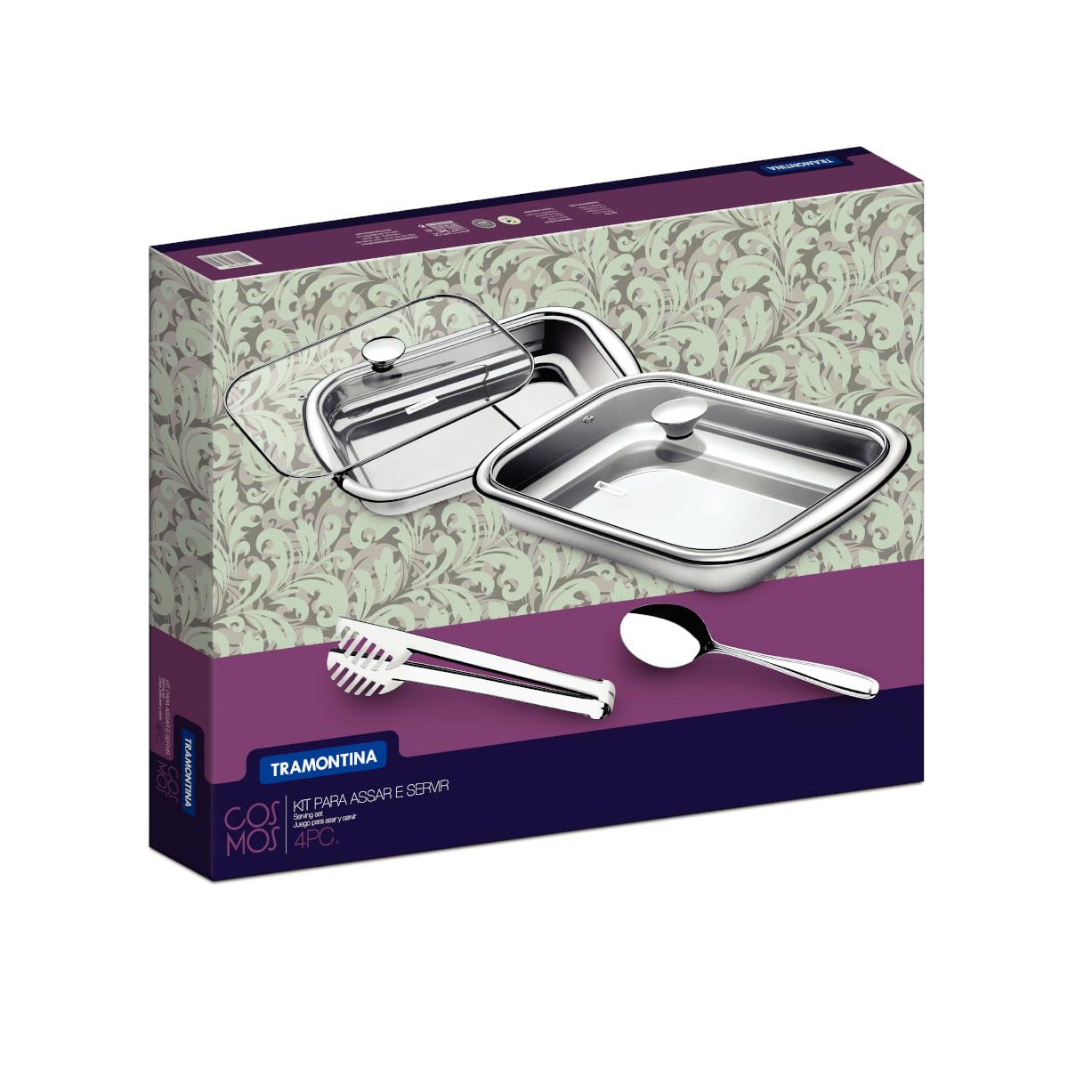 Kit para Assar e Servir Tramontina Cosmos em Aço Inox com Tampa de Vidro 4 Peças