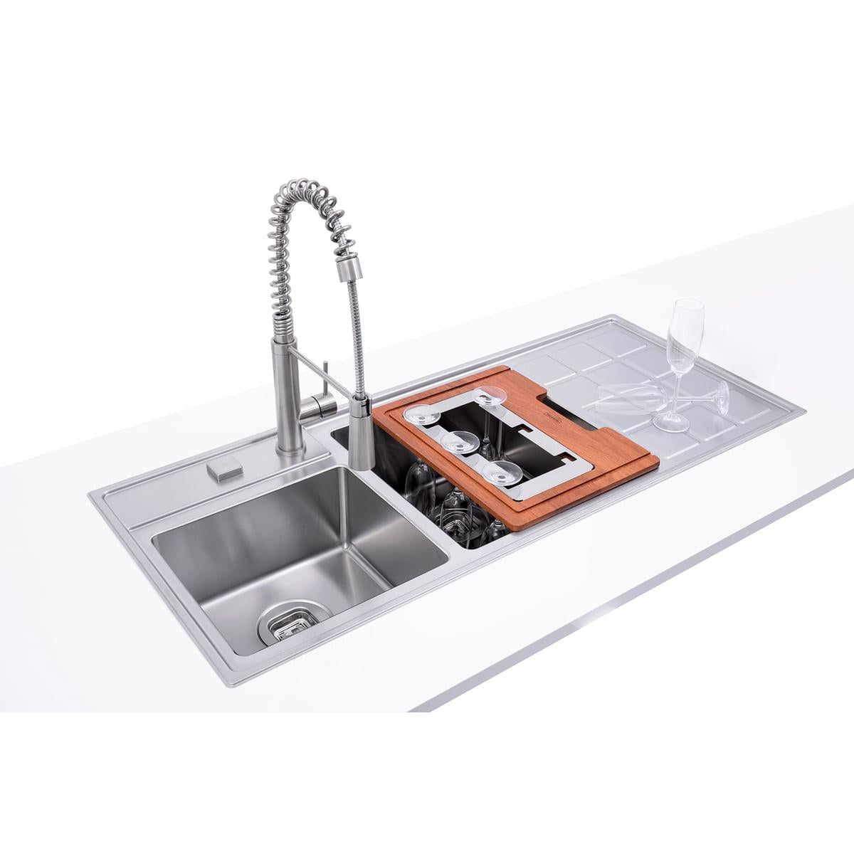 Kit para Cuba Quadrum Tramontina em Aço Inox com Acabamento Scotch Brite e Tábua em Madeira Jatobá Vazada 42x32 cm