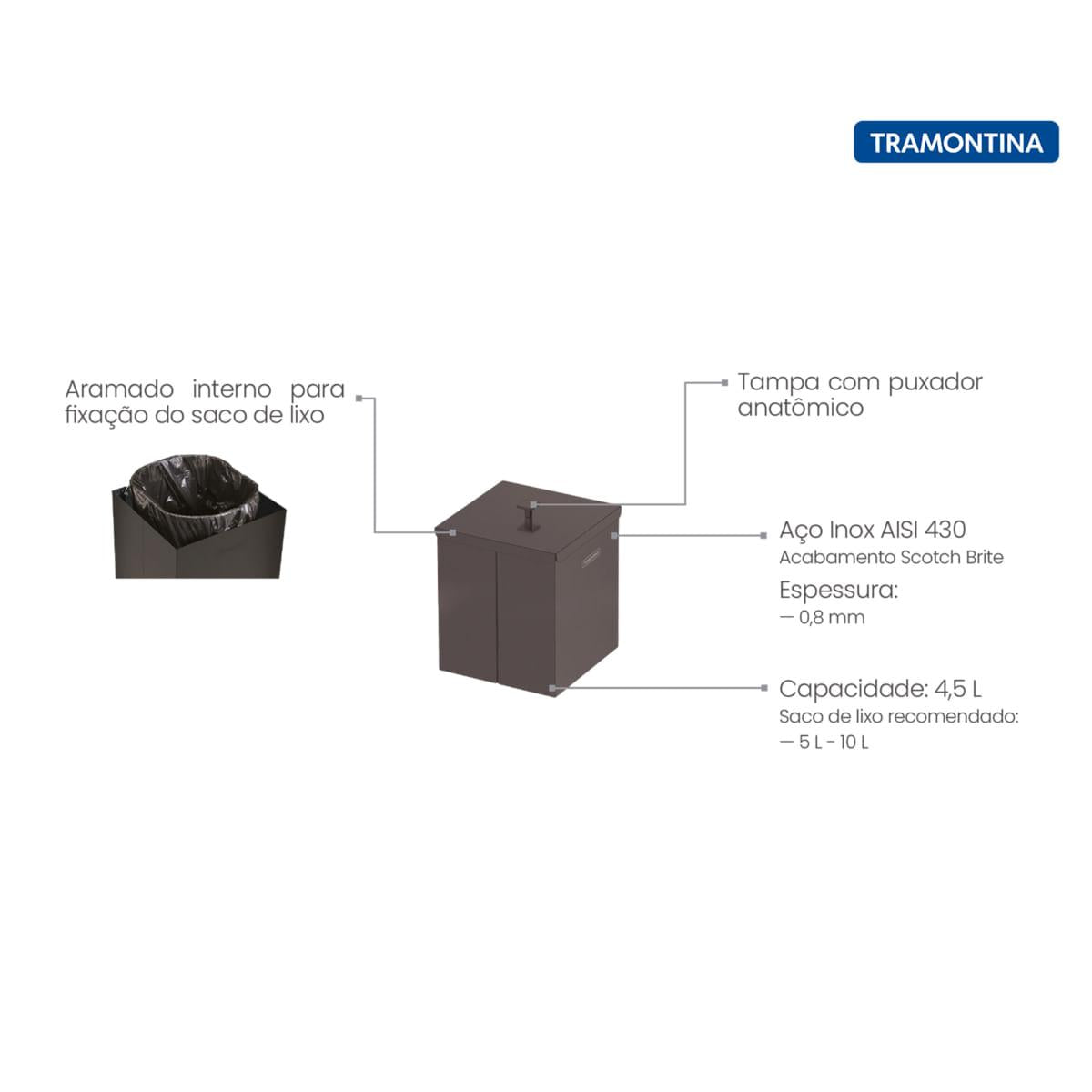 Lixeira Tramontina Luz 4,5 Litros em Inox com Acabamento Fosco Black Matte OUTLET