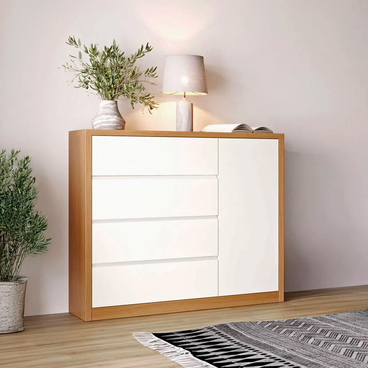Cômoda 4 Gavetas e 1 Porta em MDF Freijó Off White 135x47x124 cm Dalla Costa