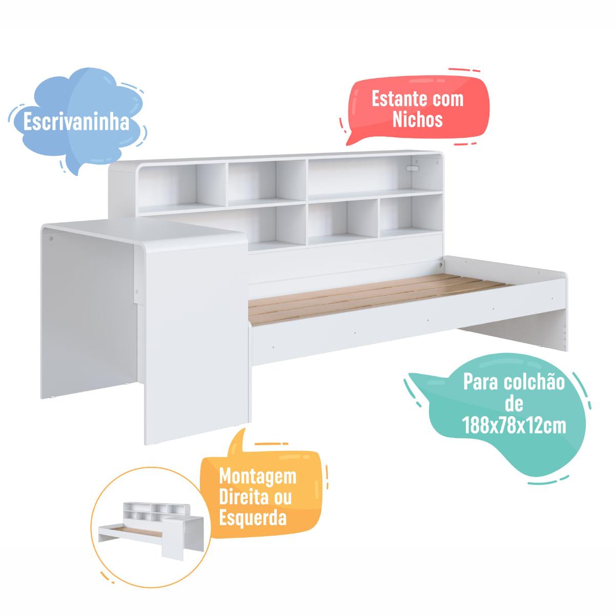 Cama Infanto Juvenil com Escrivaninha e Estante Solteiro Branco Completa Móveis