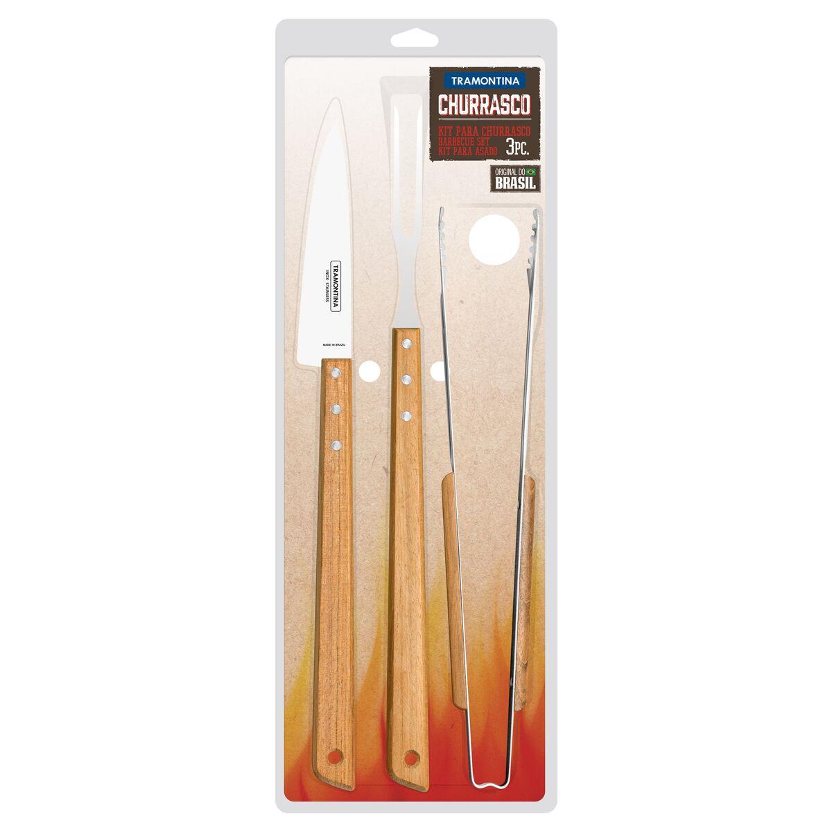 Kit para Churrasco Tramontina em Aço Inox e Madeira com Pegador 3 peças