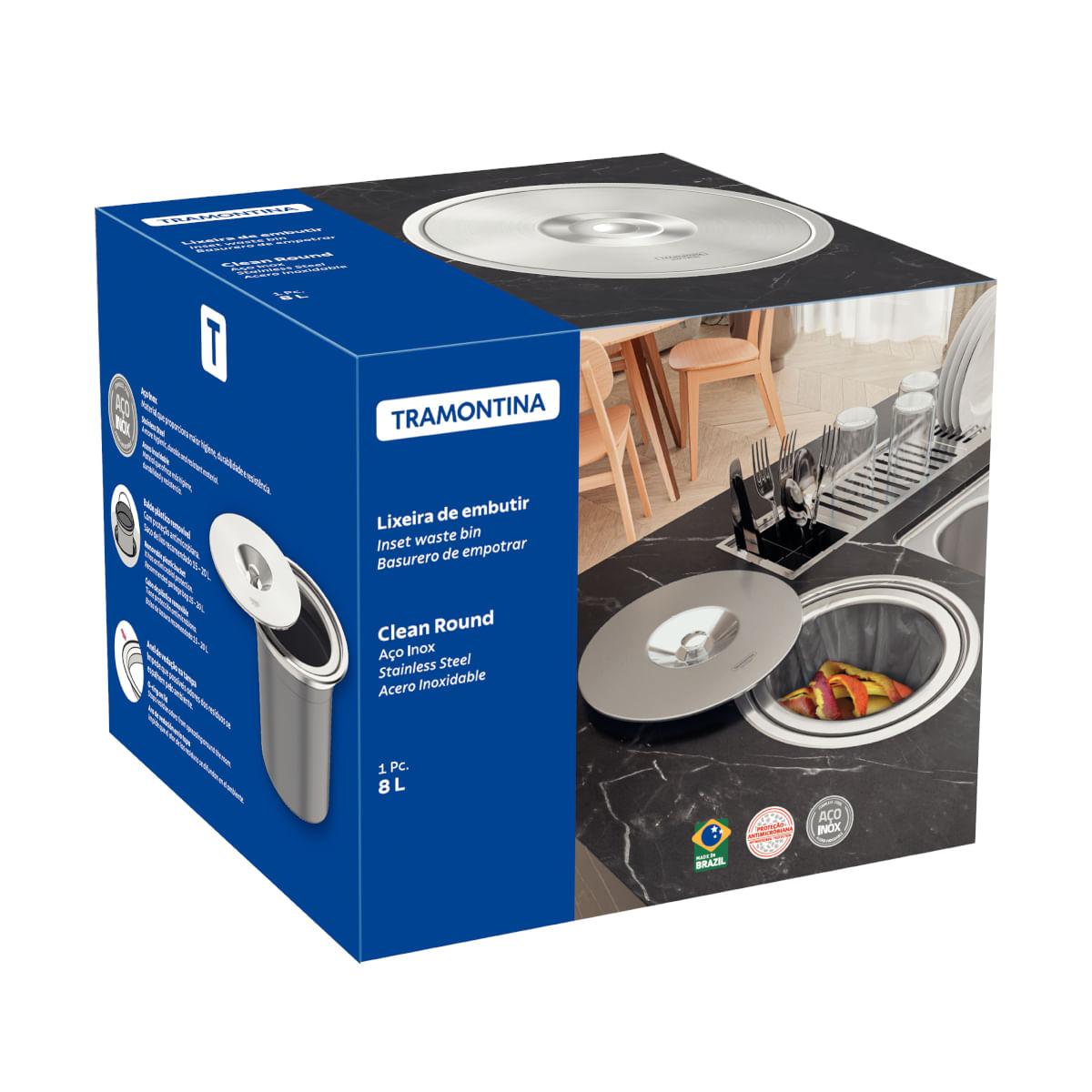 Lixeira de Embutir Tramontina Clean Round em Aço Inox com Balde Plástico 8 L