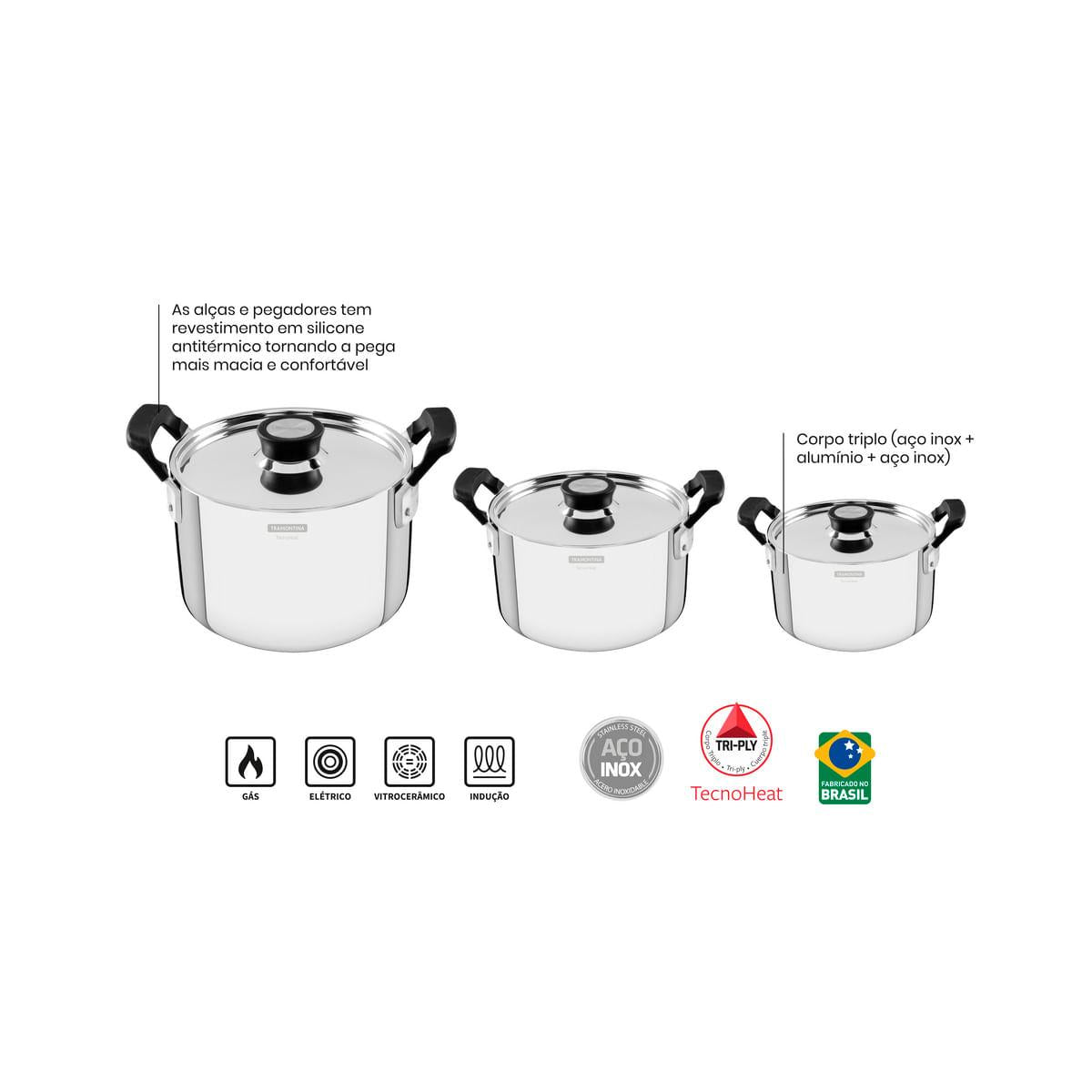 Jogo de Panelas Tramontina Grano Compact em Aço Inox 3 Peças