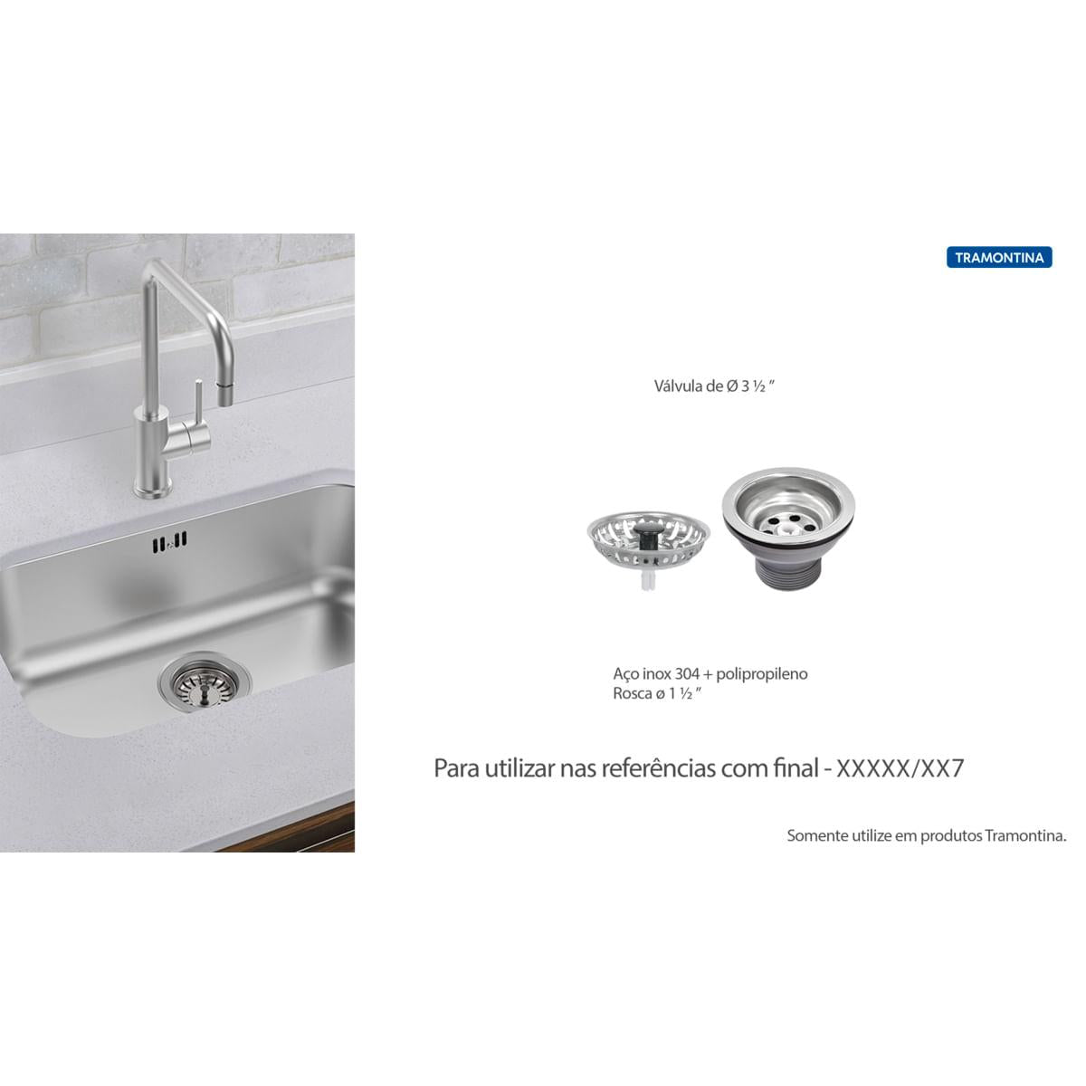 Válvula Tramontina Econômica para Pias Cubas e Tanques 3 1/2" sem Escape em Aço Inox e Polipropileno