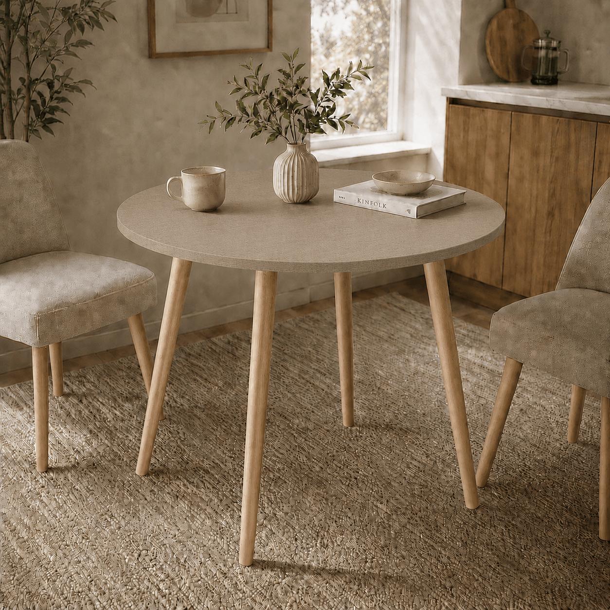 Mesa Jantar Sofia Redonda 80cm Linum 18mm Pés de Madeira Natural Marin