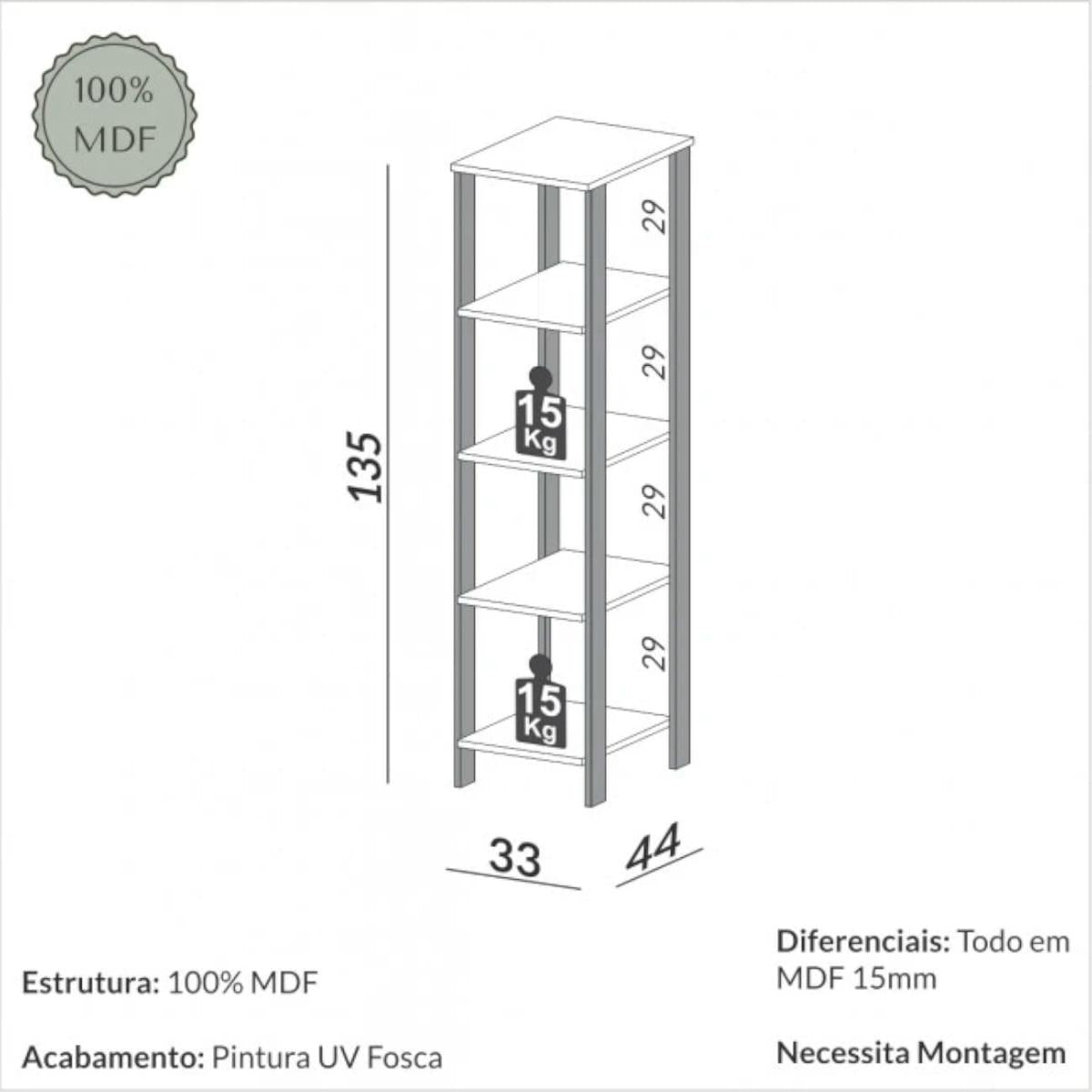 Estante 5 Prateleiras MDF 33x44x135 cm F28 Off White Freijó Dalla Costa