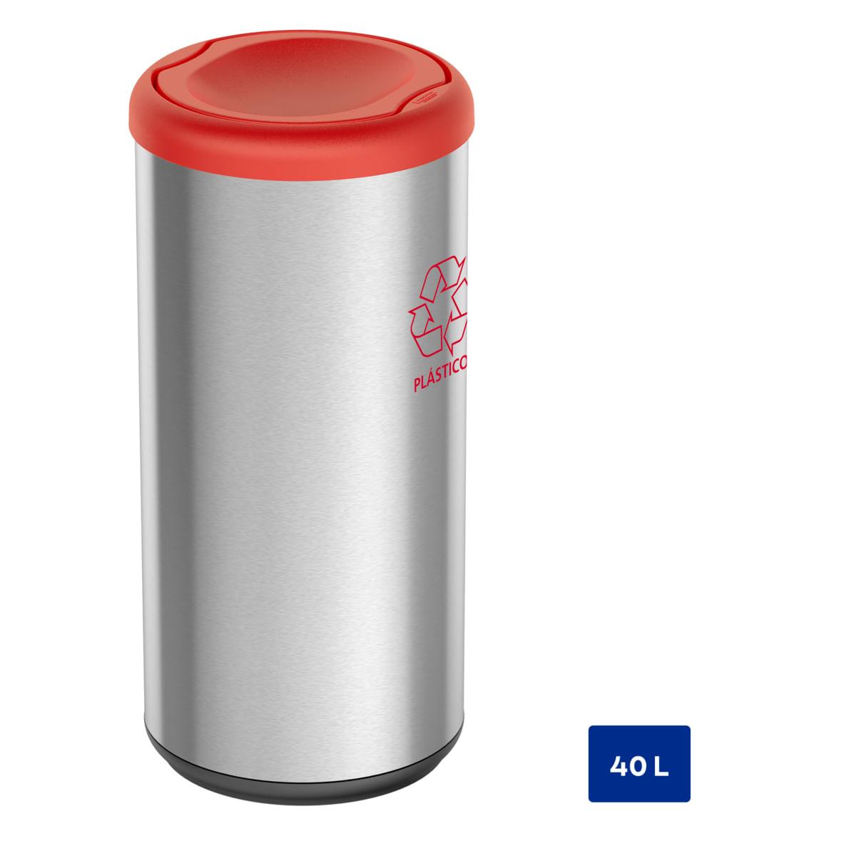 Lixeira Inox Tramontina Piemonte 40 Litros Scotch Brite e Tampa Basculante Vermelha OUTLET