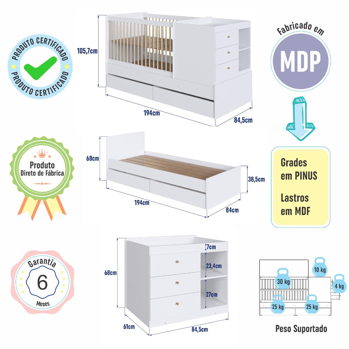 Berço Cama com Cômoda e Gavetões Branco Completa Móveis