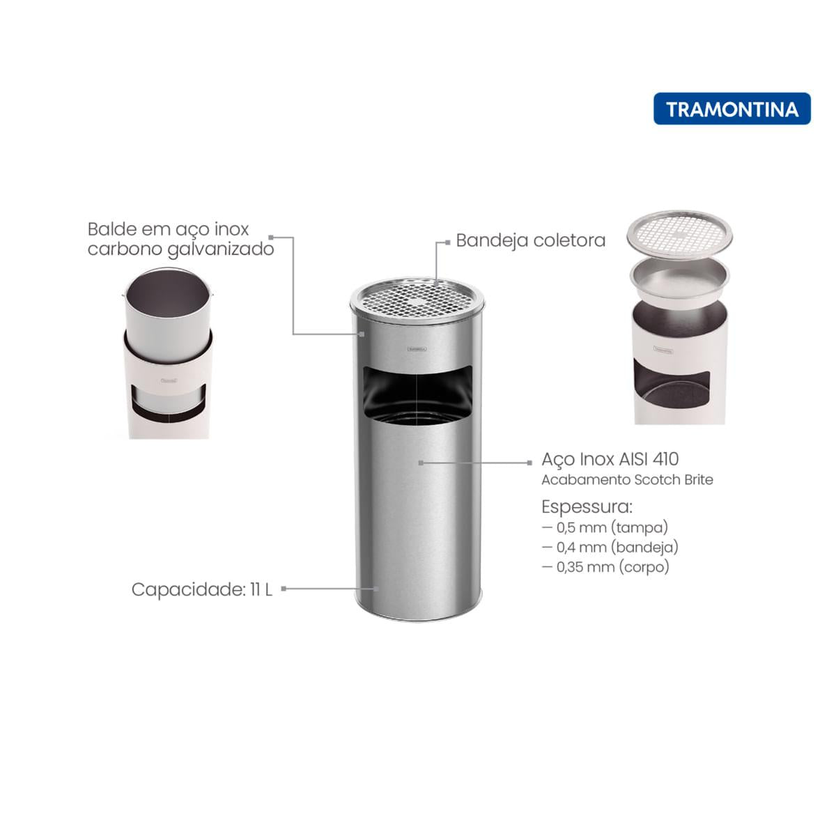 Lixeira Cinzeiro Inox Tramontina Liguria Scotch Brite 11 L