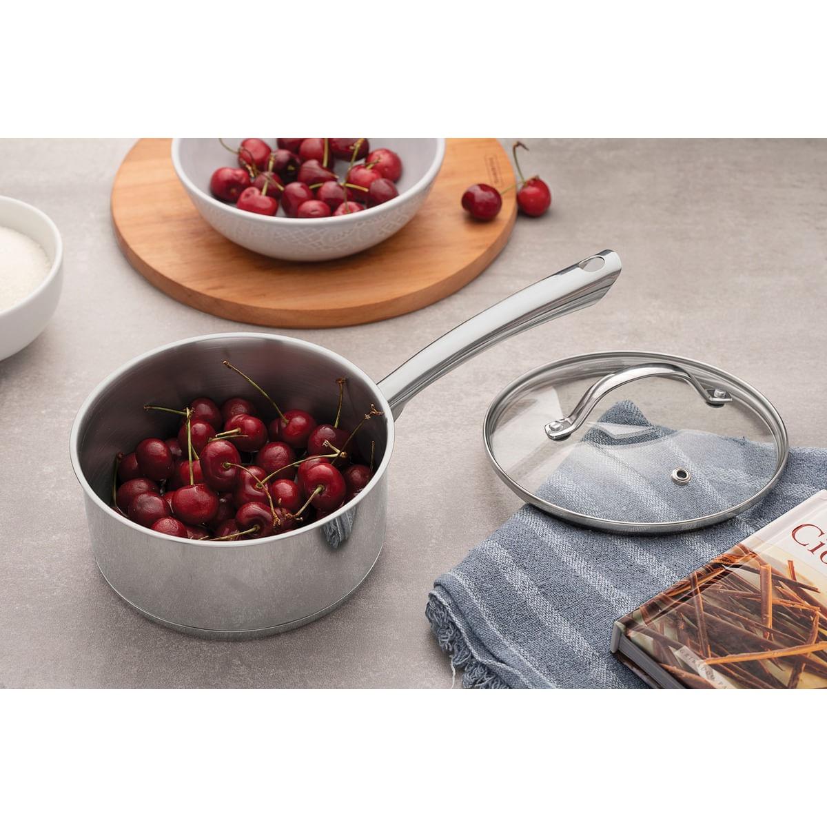 Panela Tramontina Una em Aço Inox com Fundo Triplo e Tampa de Vidro 16 cm 1,4 L