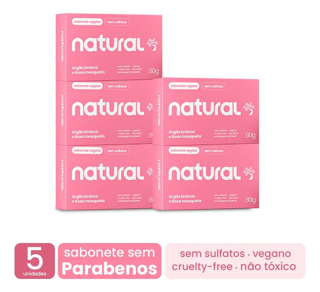 Kit 5 Sabonetes de Argila Branca e Rosa Mosqueta 80g – Natural