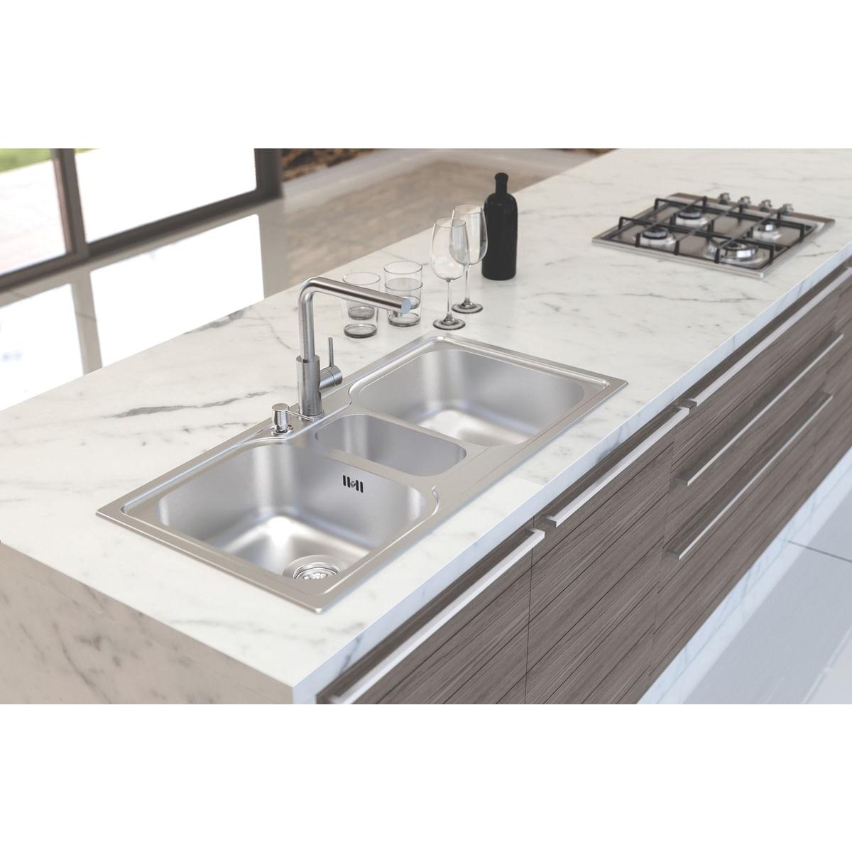 Cuba de Sobrepor Tramontina Marea 2 Cubas e Auxiliar em Aço Inox Acetinado 100 x 50 cm com Válvula OUTLET 94900332