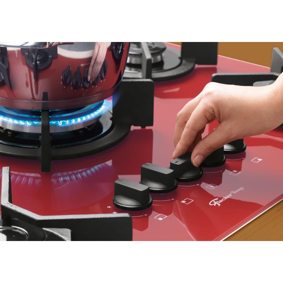 Cooktop Fischer 5Q Tripla Chama Infinity Gás Mesa Vidro Vermelho Rouge