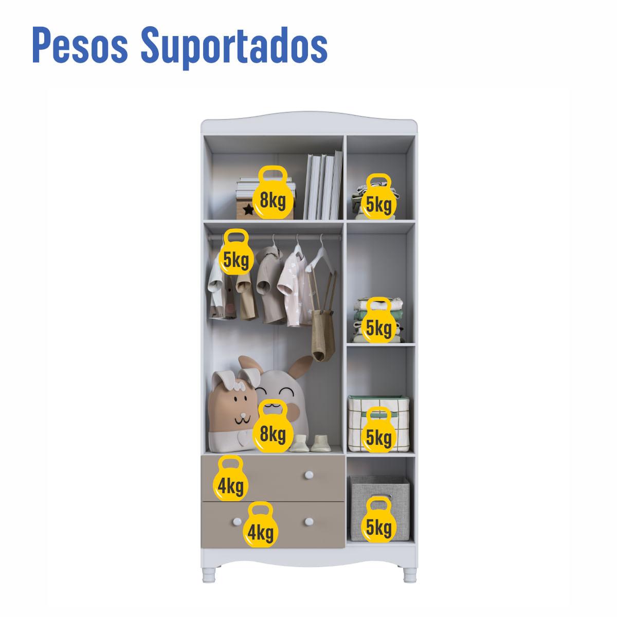 Guarda Roupas Infantil 3 Portas e 2 Gavetas 91x40x198 cm Branco e Cinnamon Completa Móveis