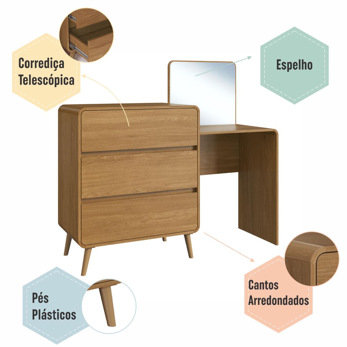 Cômoda Penteadeira 3 Gavetas Curve Carvalho Xingu Completa Móveis