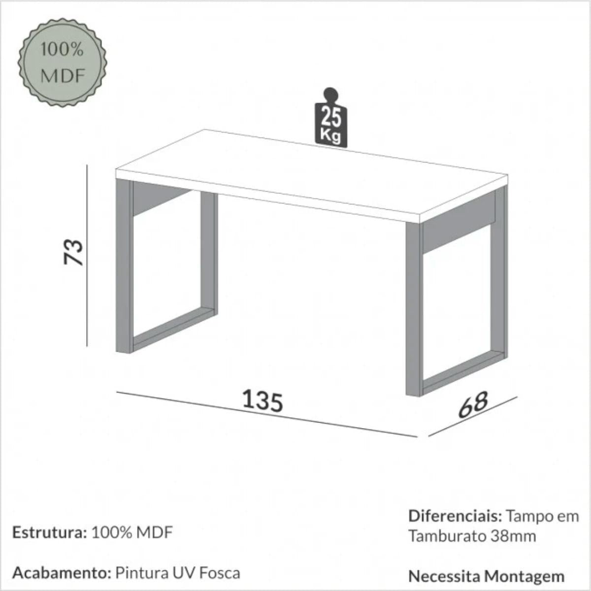 Mesa para Escritório em MDF Off White Freijó 135x68 cm Dalla Costa