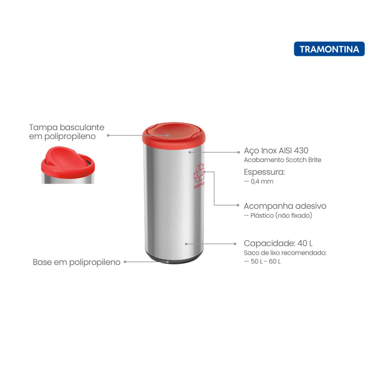 Lixeira Inox Tramontina Piemonte 40 Litros Scotch Brite e Tampa Basculante Vermelha OUTLET