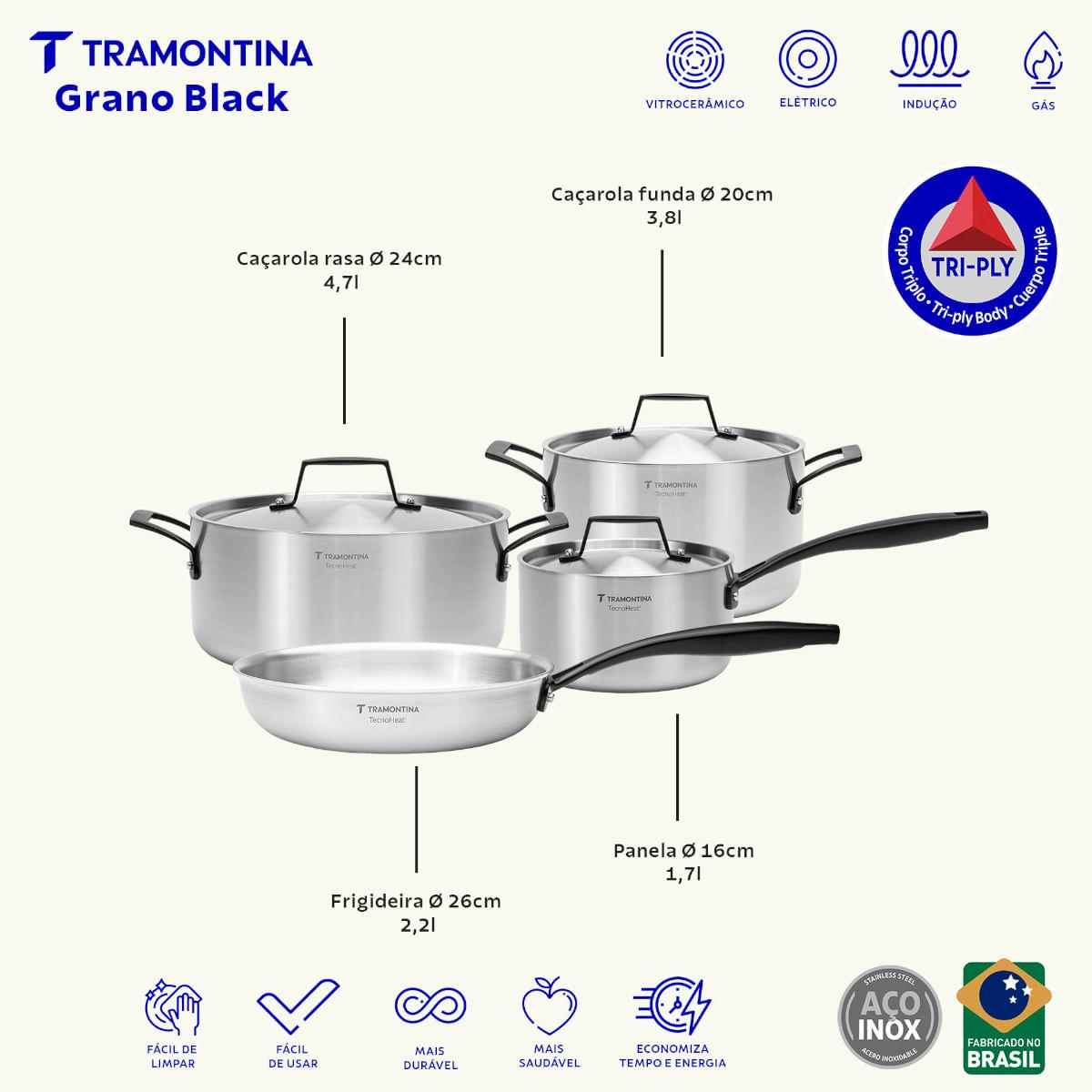 Jogo de Panelas Tramontina Grano Black Aço Inox e Corpo Triplo 4 Peças
