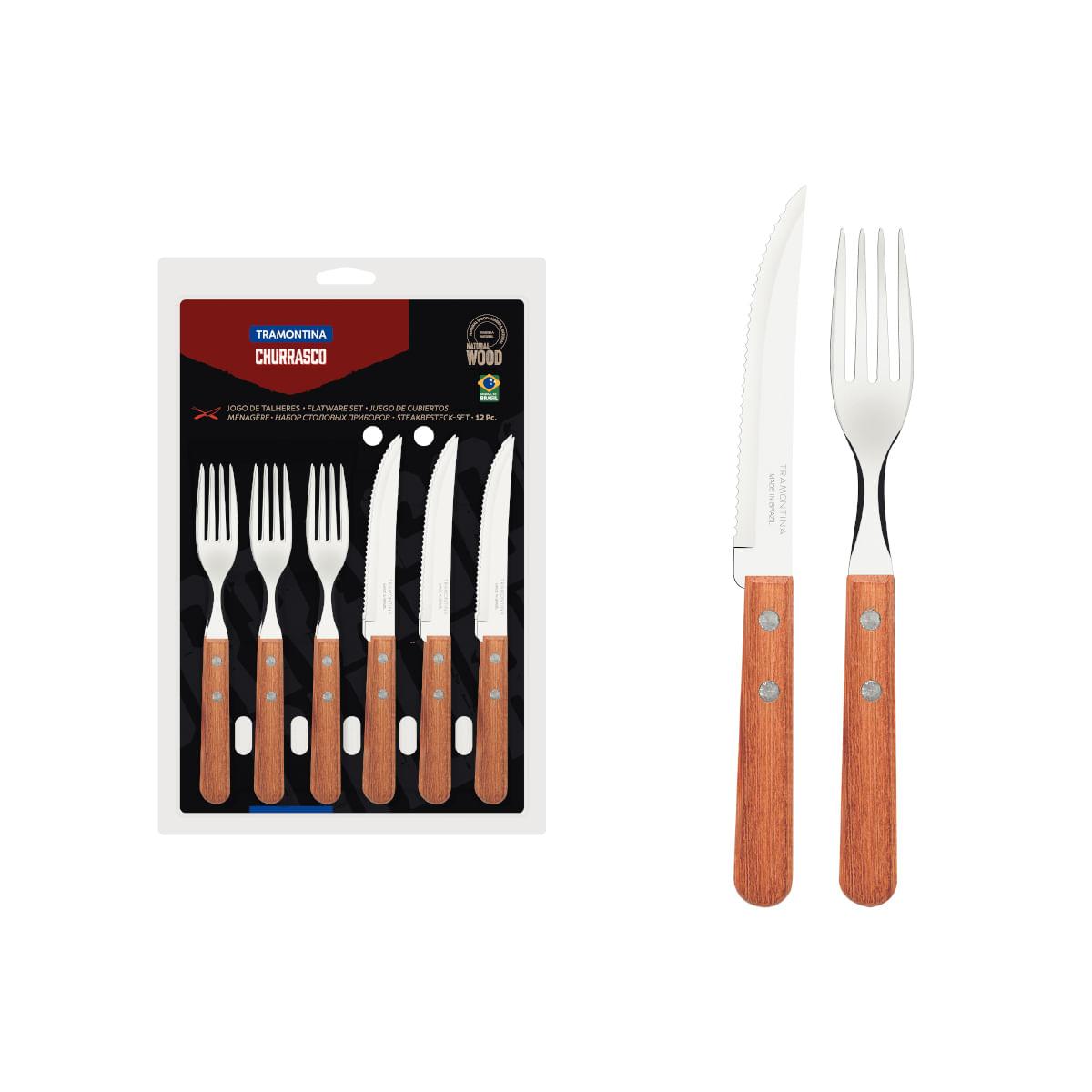 Jogo de Talheres Tramontina Churrasco Aço Inox Cabos de Madeira 12 Peças