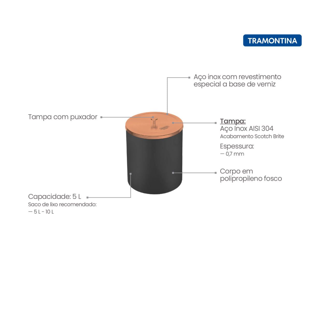 Lixeira Tramontina Útil Rose Mix com Balde de Plástico Preto 5 Litros