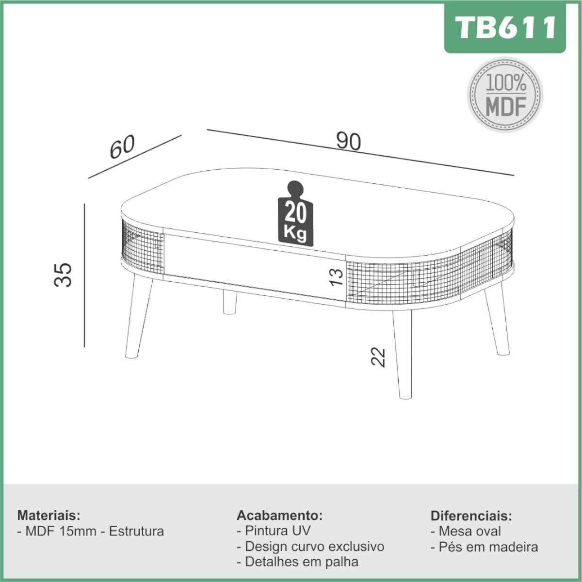 Mesa de Centro em MDF com Tela Natural 90 cm Freijó Dalla Costa
